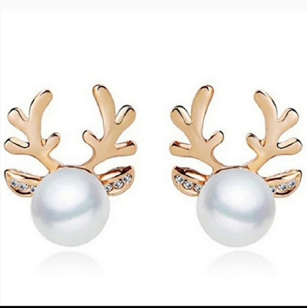 Reindeer Earrings Gold Tone with Faux Pearl - Picture 15 of 15